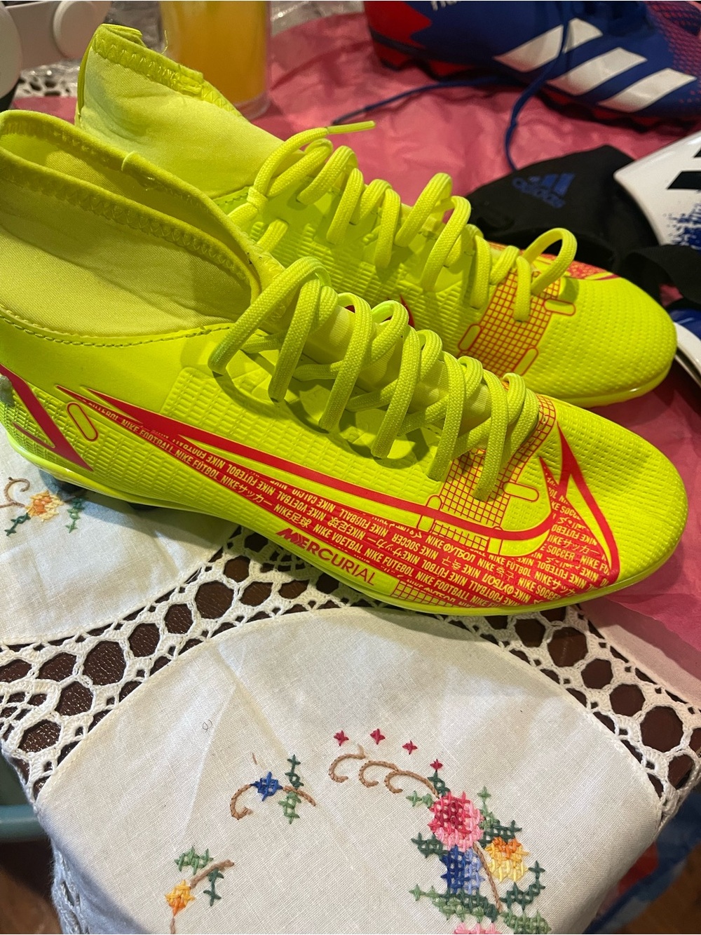 Nike Kids Mercurial Neon Yellow with Pink Accents Soccer Cleats
